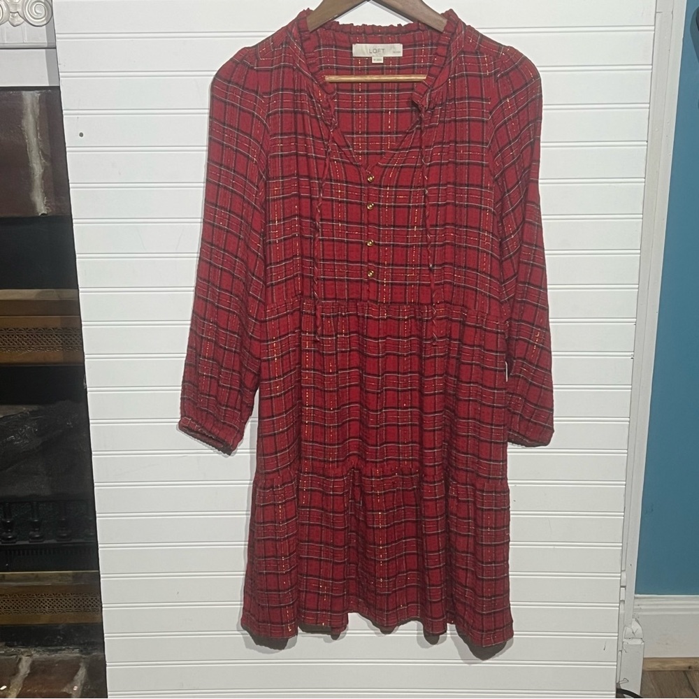 LOFT Red Tartan Shimmer Plaid Tiered Dress with Pockets Size Petite Small
